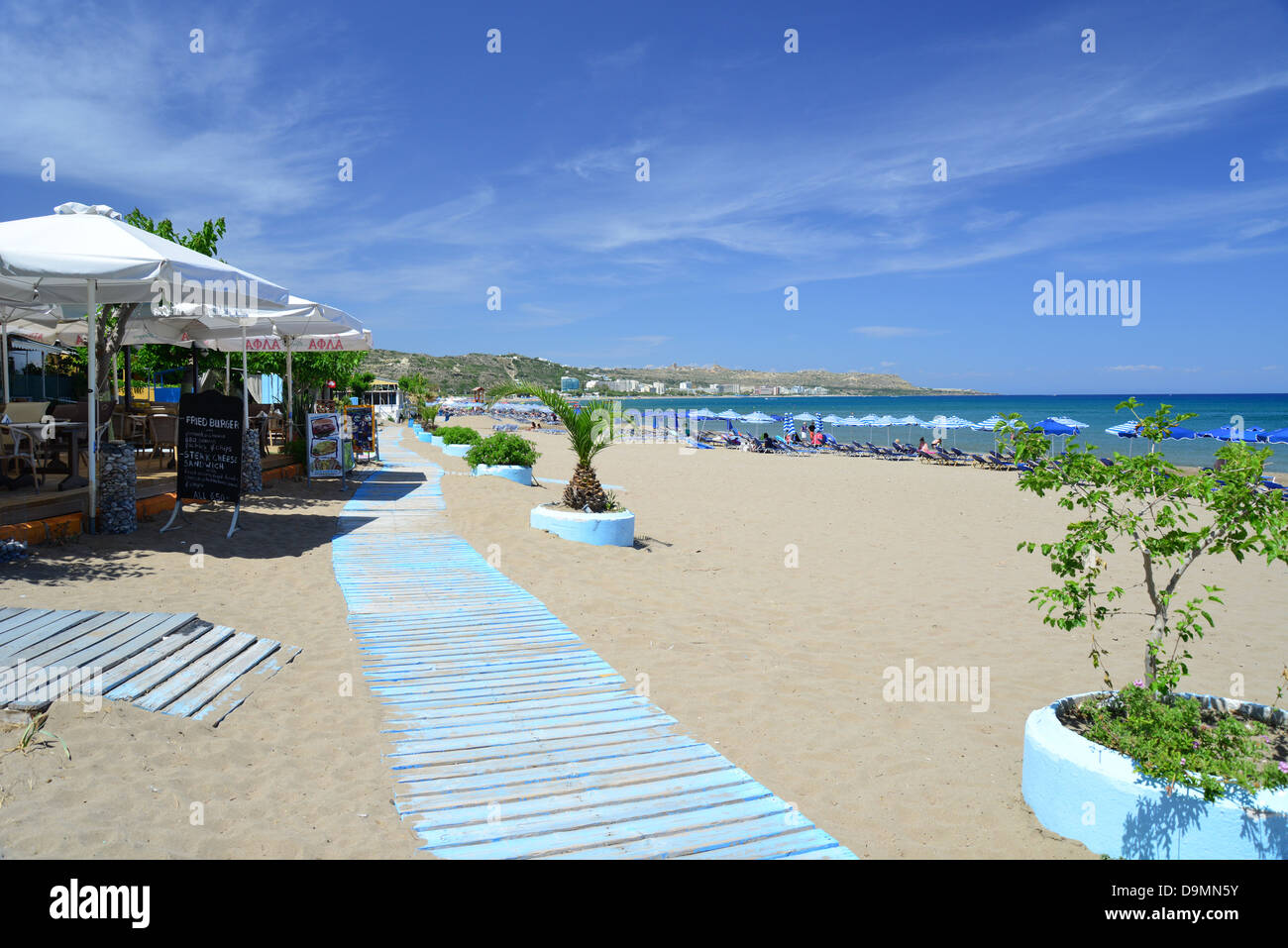 Faliraki Beach, Faliraki Rodi (Rodi), del Dodecaneso, Egeo Meridionale Regione, Grecia Foto Stock