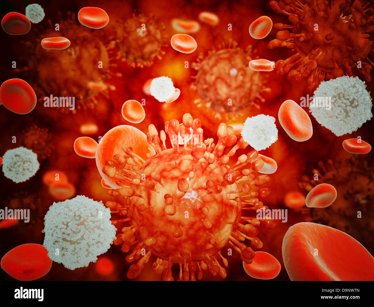 Vista microscopica del virus H5N1 con le cellule rosse del sangue e di cellule bianche del sangue. Foto Stock