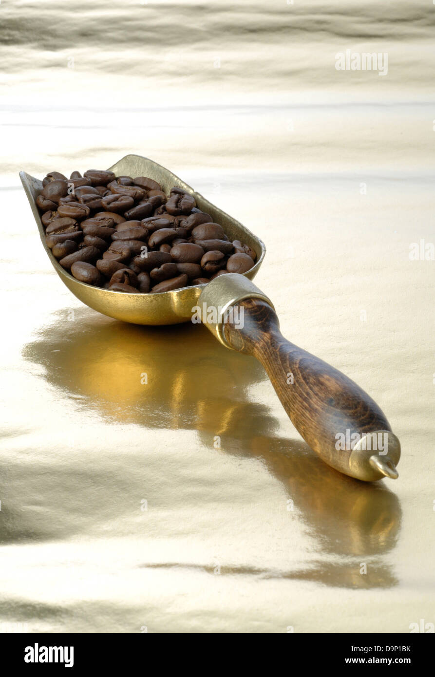 I chicchi di caffè sulla lamina d'oro Foto Stock