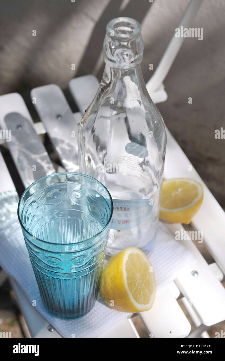 Bottiglia di acqua, vetro e limone sulla sedia da giardino Foto Stock