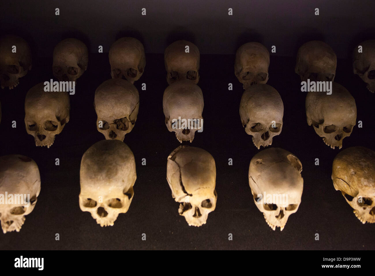 Un display di teschi umani a Kigali Memorial Centre per il 1994 il genocidio in Ruanda. Foto Stock