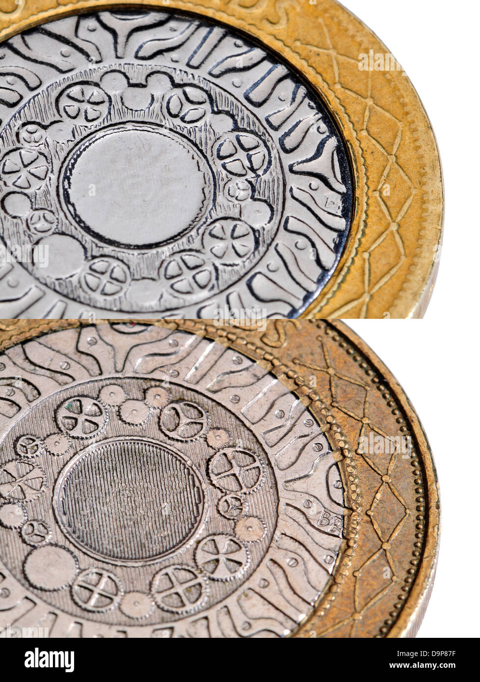 Fake British £2 moneta (alto) rispetto alla vera e propria (fondo) che mostra la relativa mancanza di dettaglio e colore diverso. Foto Stock