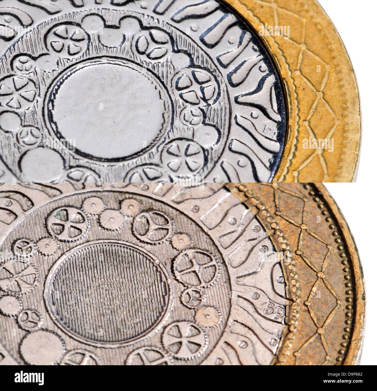 Fake British £2 moneta (alto) rispetto alla vera e propria (fondo) che mostra la relativa mancanza di dettaglio e colore diverso. Foto Stock