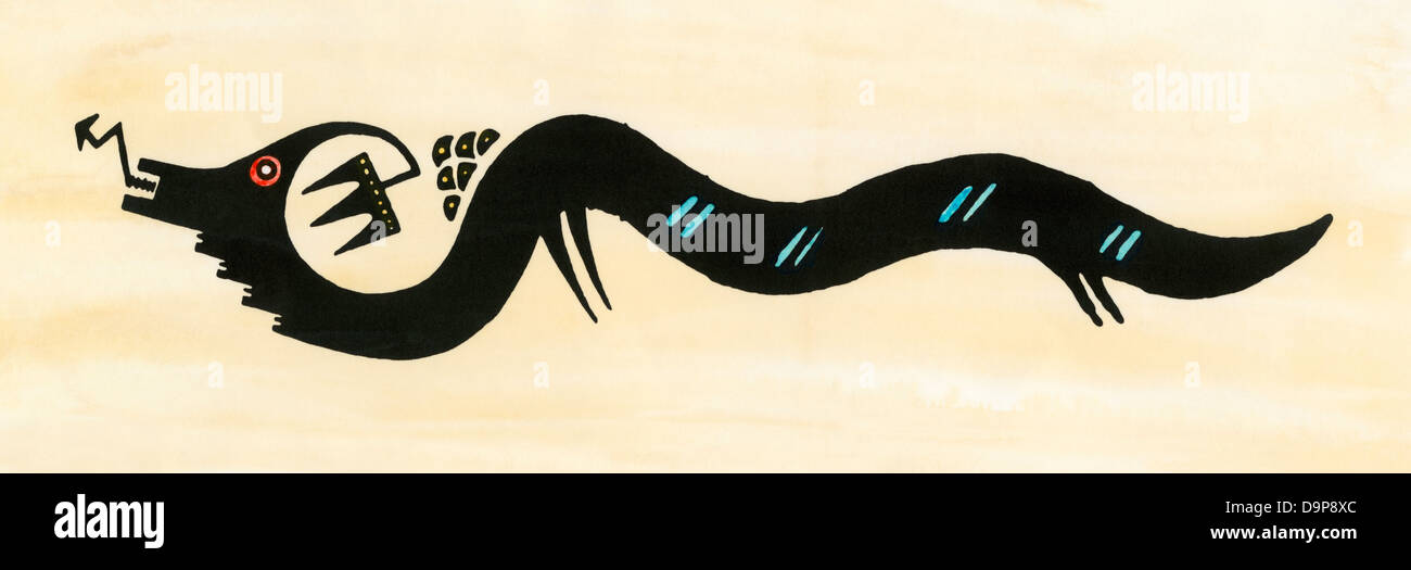 San Ildefonso Pueblo cornuto serpente degli inferi, Avan Yu, Nuovo Messico. Colorate a mano la xilografia Foto Stock San Ildefonso Pueblo cornuto serpente degli inferi, Avan Yu, Nuovo Messico. Colorate a mano la xilografia Foto Stock