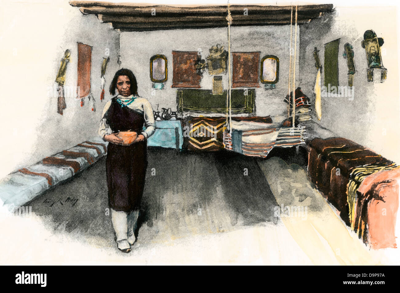 Pueblo donna indiana all'interno di lei adobe house, 1800s. Colorate a mano la xilografia Foto Stock
