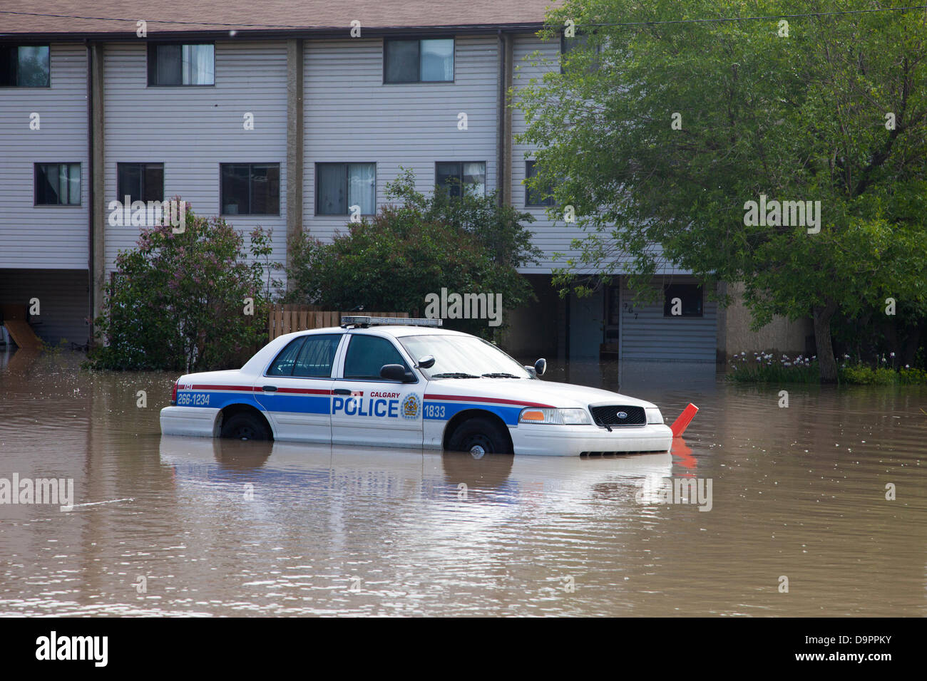 Un'auto della polizia intrappolata in un parcheggio da acque alluvionali in rapido aumento mentre la polizia evacuò il quartiere Sunnyside di Calgary, Alberta, Canada. Foto Stock
