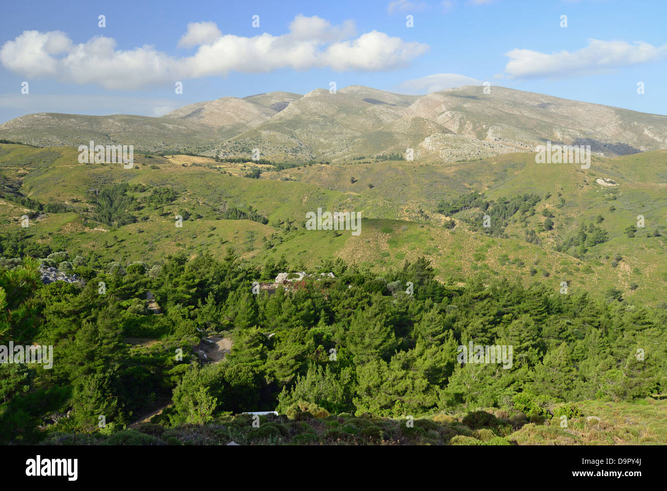 Vista del Monte Akramitis e montagne alpine road, vicino a Monolithos, Rodi (Rodi), Dodecaneso, Egeo Meridionale Regione, Grecia Foto Stock