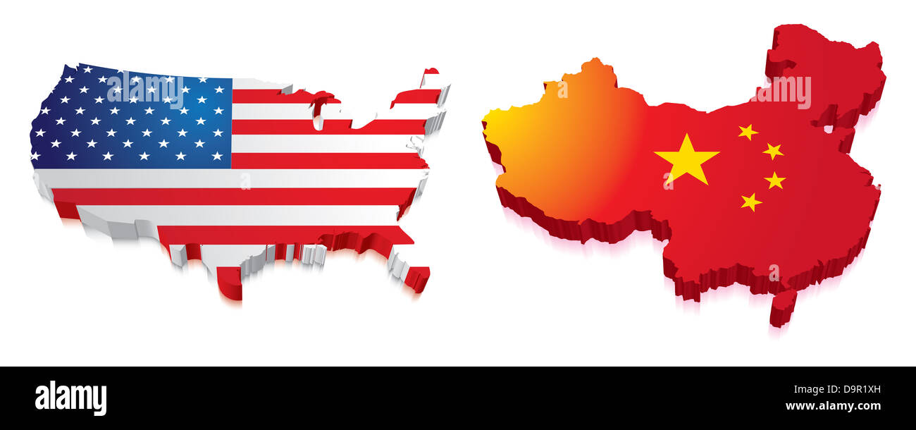 Mappe di Cina e noi in un 3D con bandiera Foto Stock