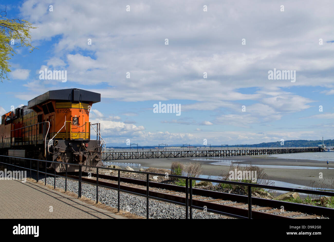 Locomotiva del treno rumbling giù la BNSF linea ferroviaria che segue la spiaggia di roccia bianca, BC, Canada. Anche pier nella baia di confine Foto Stock