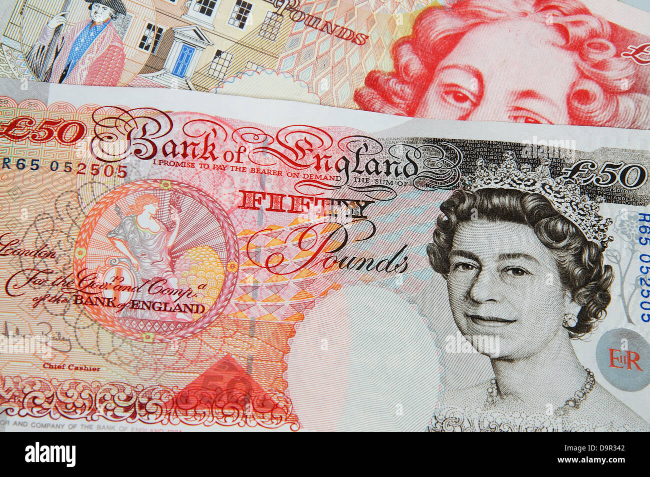 Due cinquanta pound note, Inghilterra, Regno Unito, Europa occidentale. Foto Stock