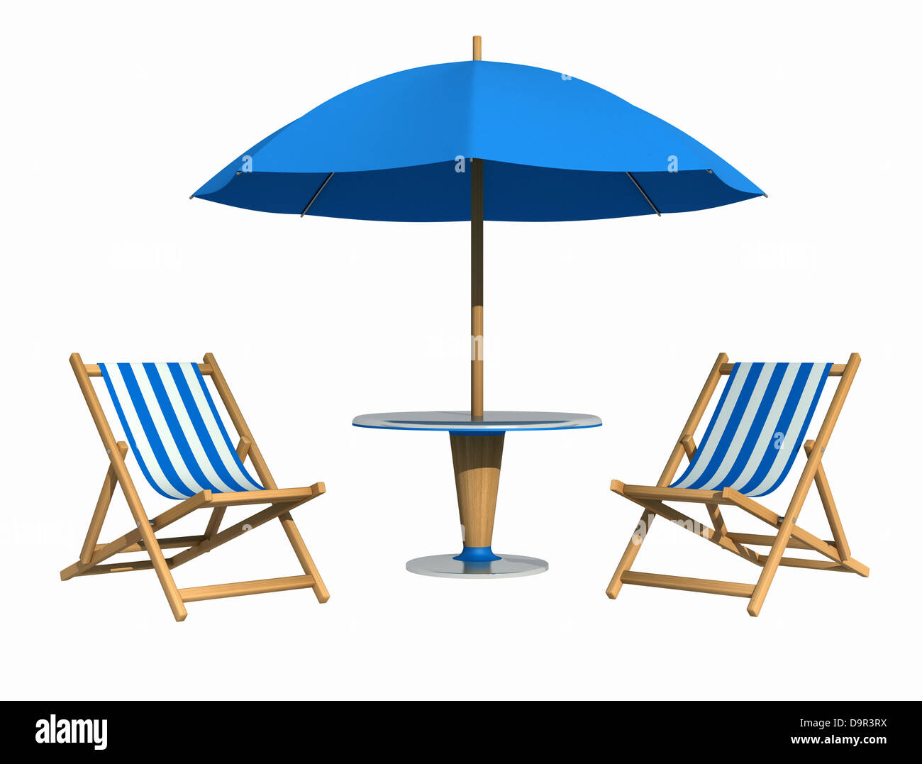 Blue sdraio ed ombrellone con tavolo isolato su bianco Foto Stock