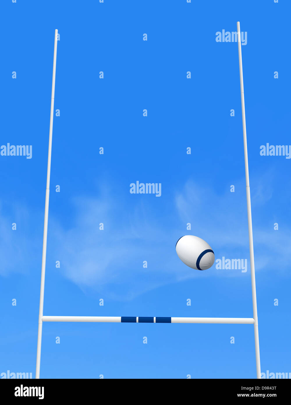 Rugby meta-post con la sfera contro il cielo blu - il rendering Foto Stock