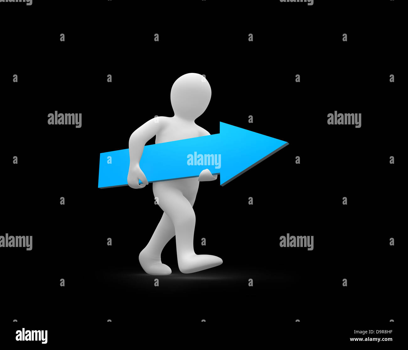 Rappresentazione umana a piedi tenendo premuto freccia blu segno Foto Stock