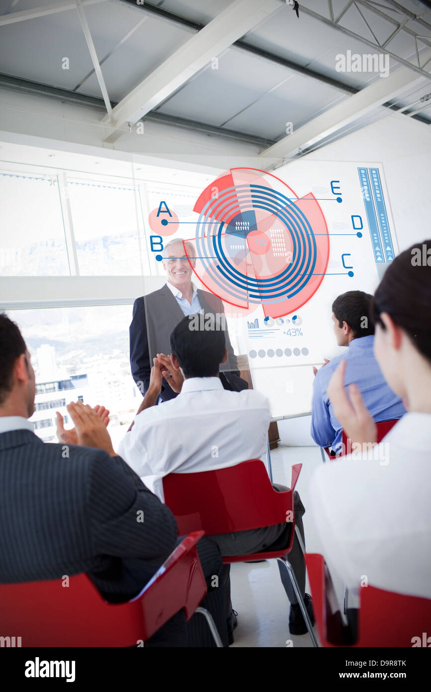 La gente di affari battimani stakeholder in piedi di fronte ad interfaccia schema Foto Stock