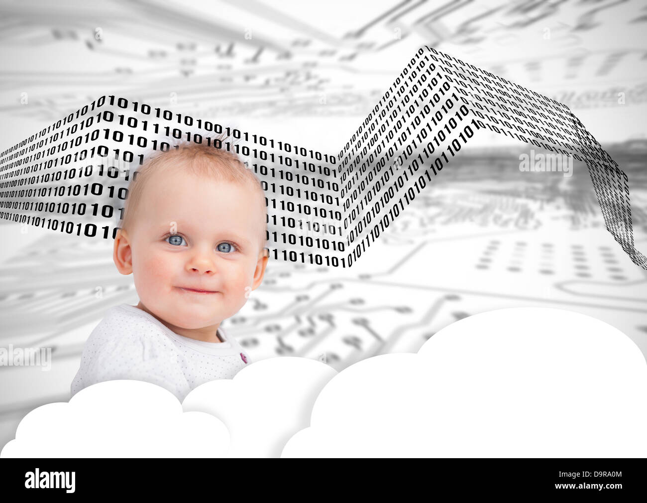 Ritratto di un simpatico baby oltre le nuvole e codici binari Foto Stock