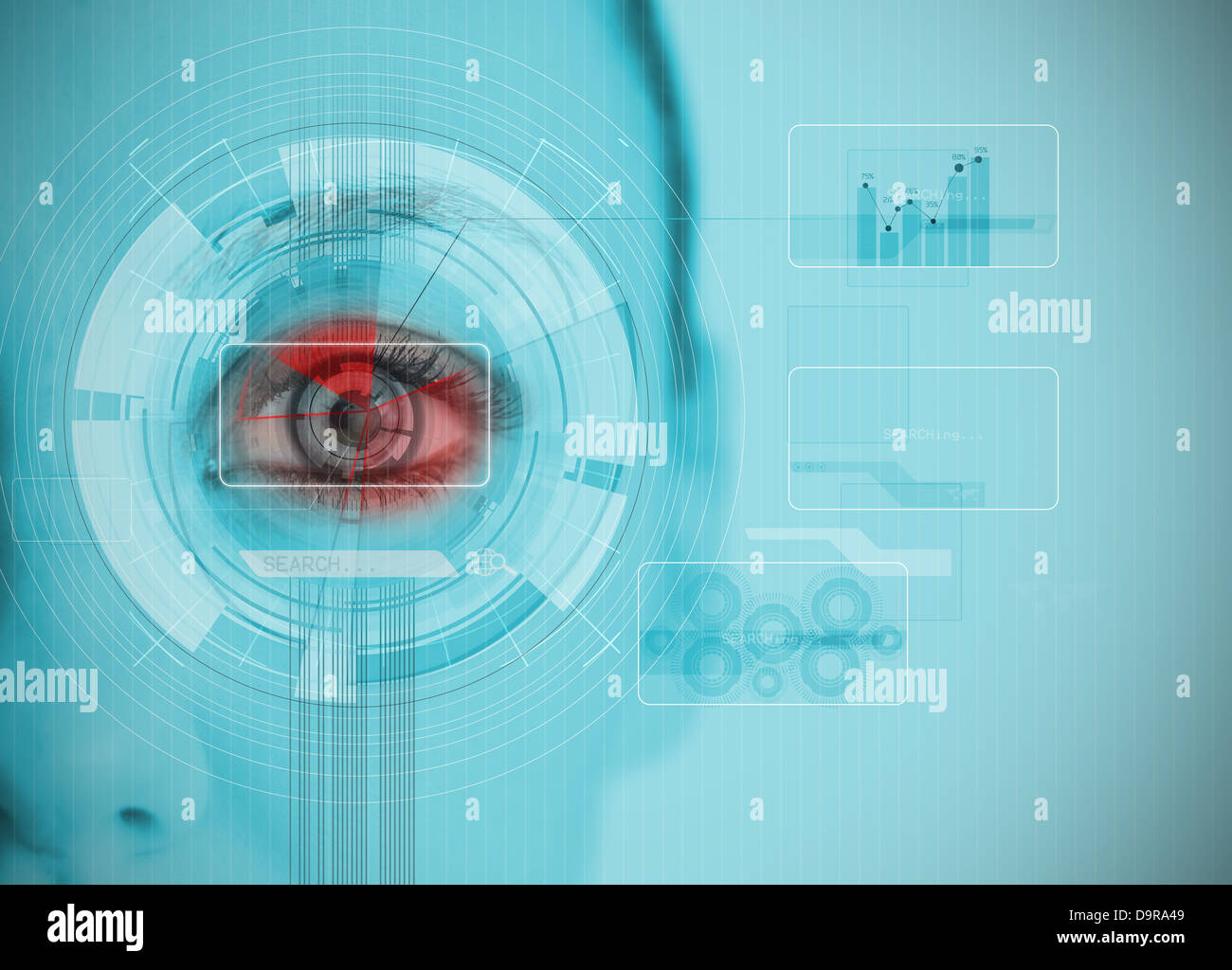 Close up donna occhio grafico di analisi di interfacce con datas Foto Stock
