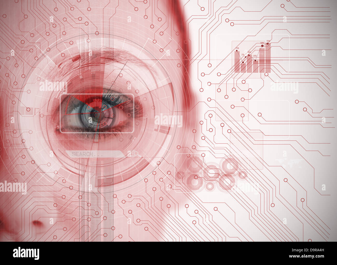 Close up donna occhio grafico di analisi di interfaccia con il circuito stampato sullo sfondo Foto Stock