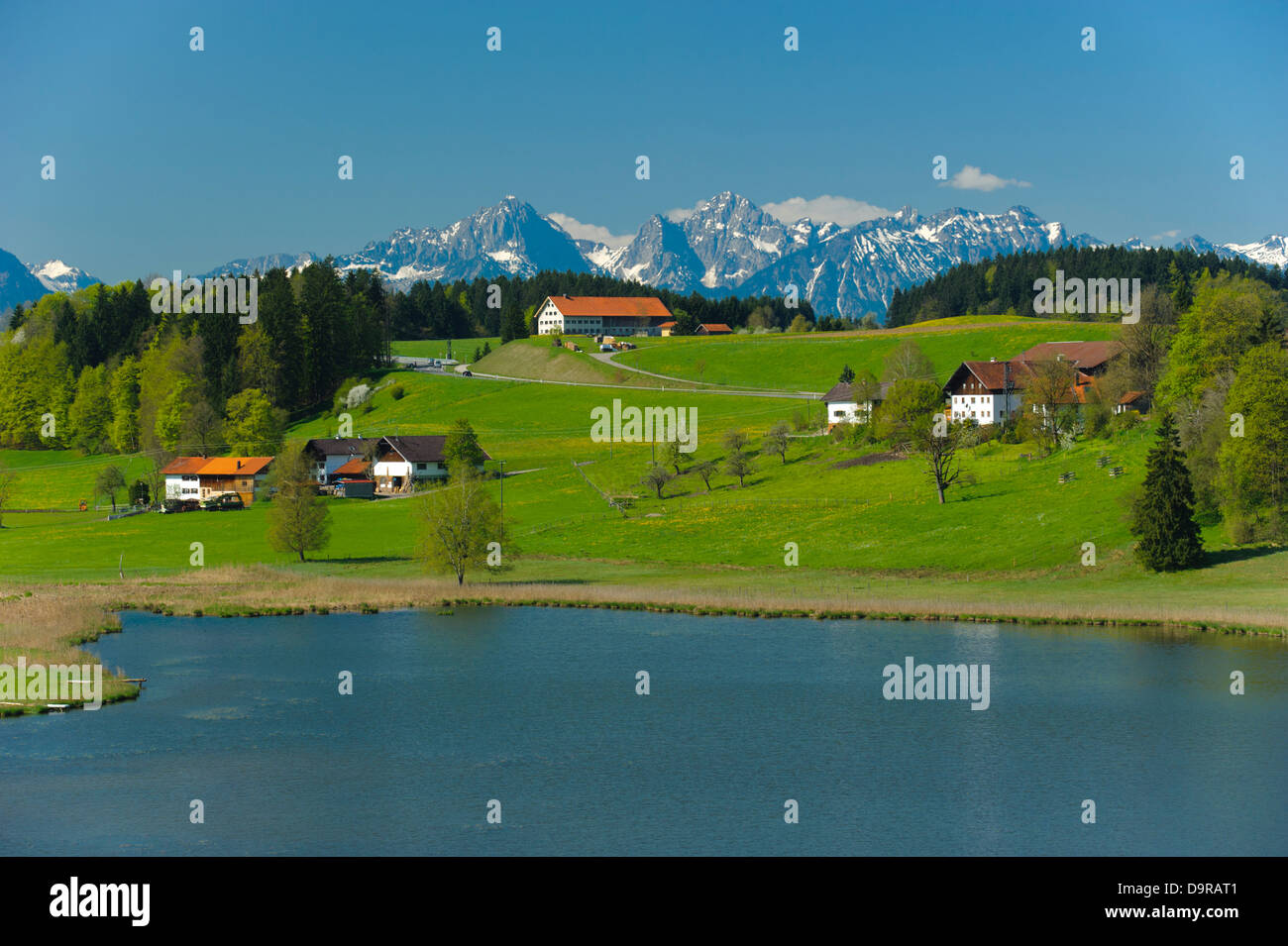 Panorama del paesaggio in Baviera con montagne delle Alpi Foto Stock