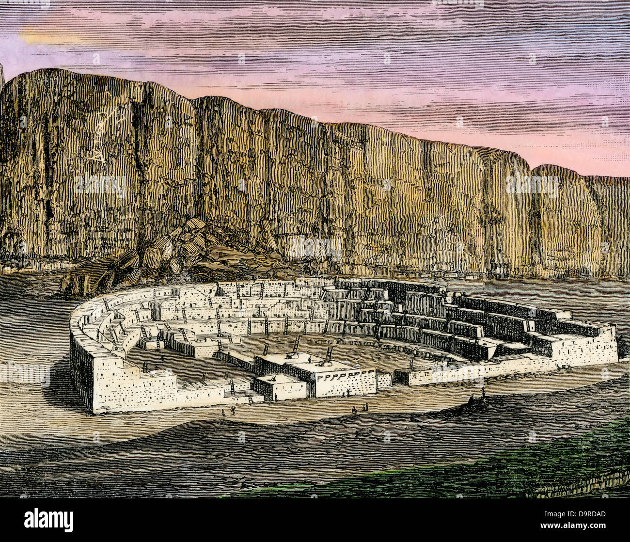 Restauro di Pueblo Bonito, ancestrale dei Pueblo Anasazi/sito nel Chaco Canyon, Nuovo Messico, come sembrava circa 1250 Annuncio. Colorate a mano la xilografia Foto Stock