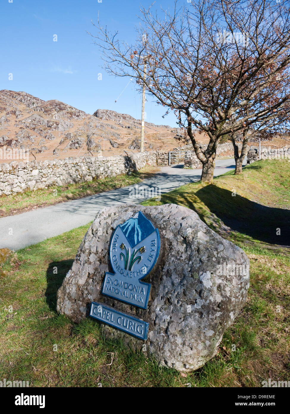 Parco Nazionale di Snowdonia segno a Capel Curig, Conwy, il Galles del Nord Foto Stock