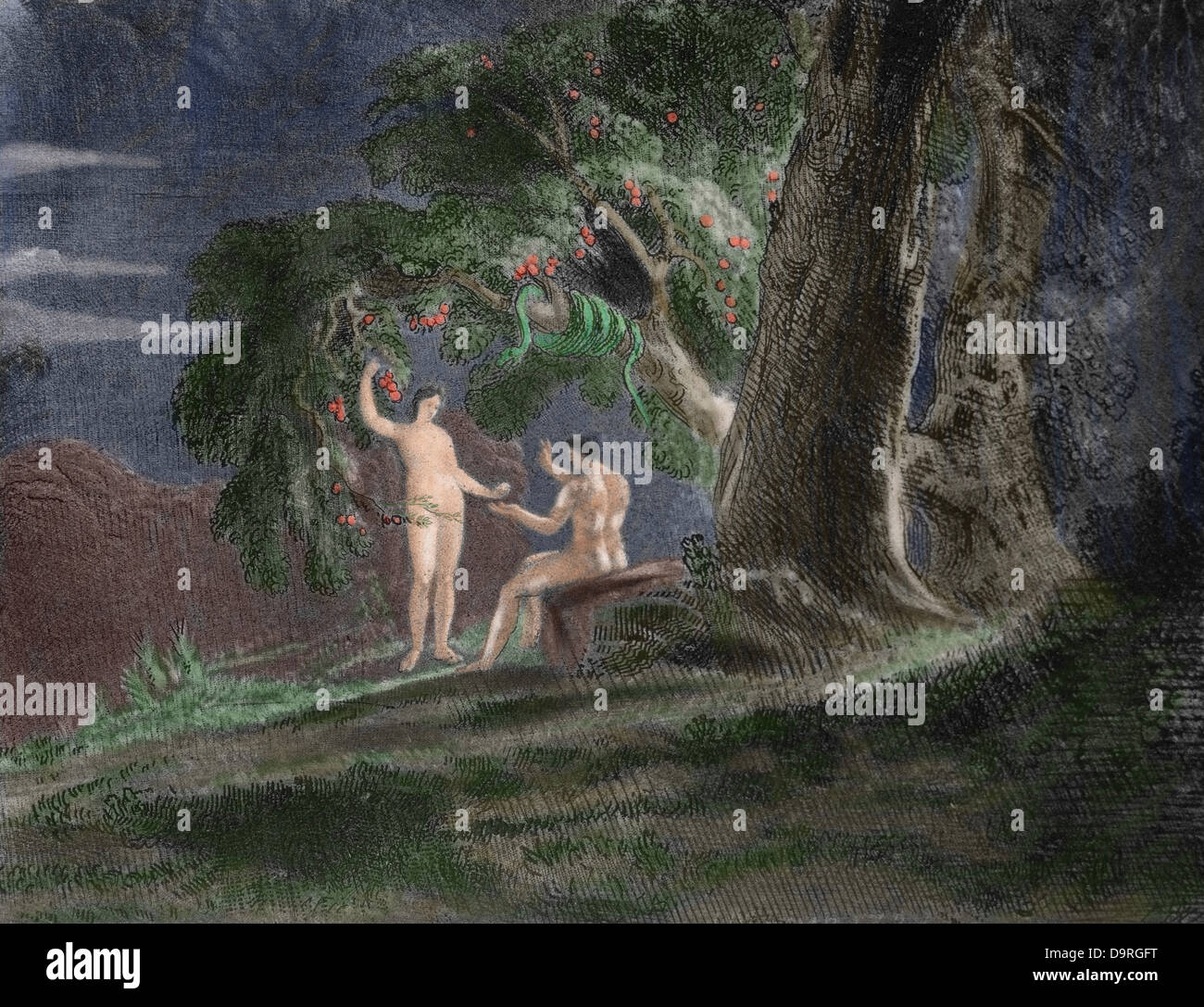 John Milton (1608-1674). Poeta britannico. Paradiso perduto. 1658-1667. Eve dà Adam il frutto proibito. Incisione. Colorati. Foto Stock