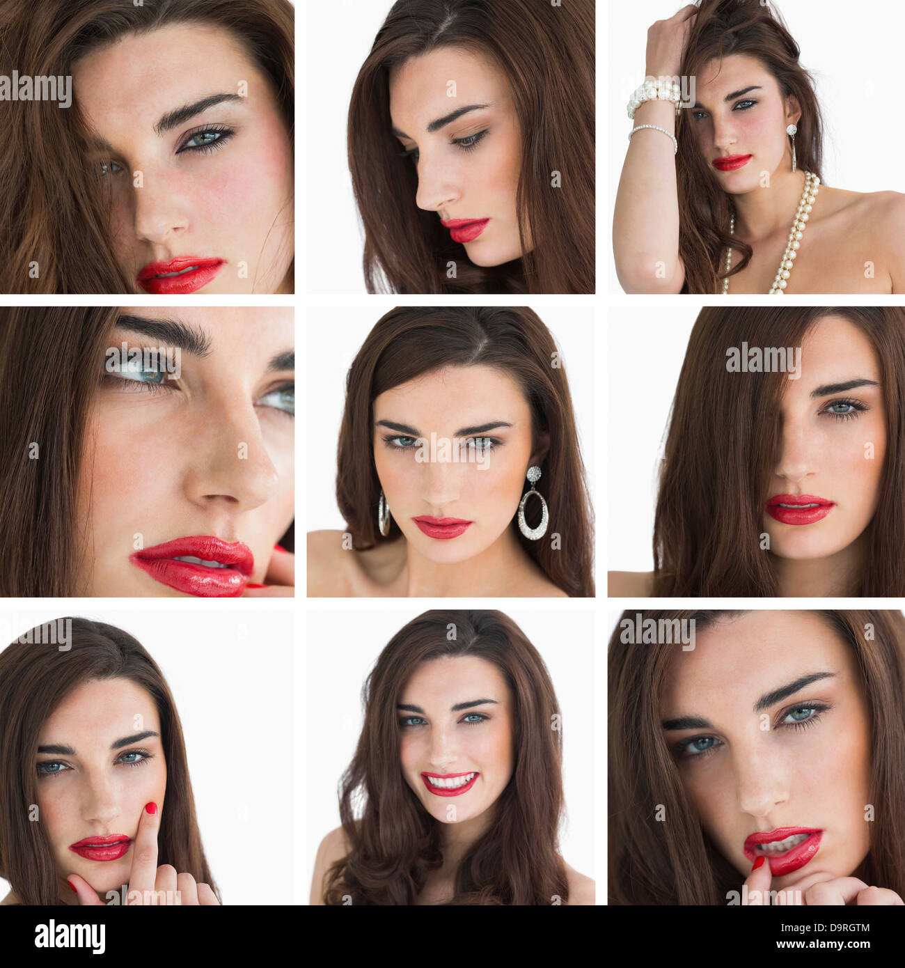 Collage di attraente brunette con rossetto rosso Foto Stock