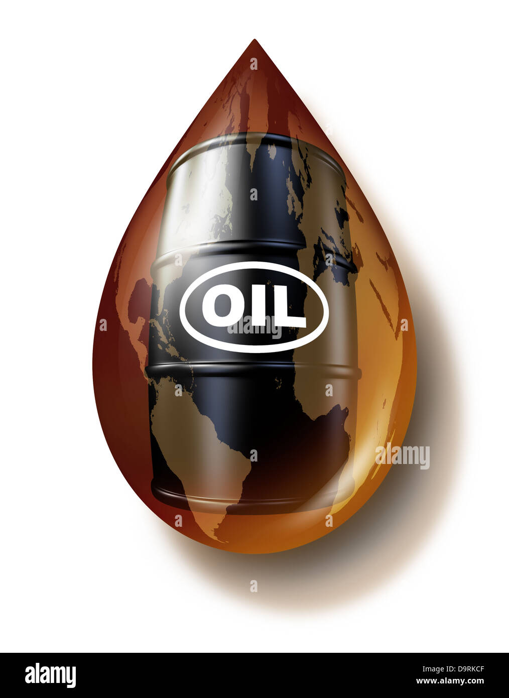 Industria del petrolio e combustibili fossili business come una mappa del mondo su una goccia di olio con un tamburo barile può di benzina come un concetto di materie prime per le risorse energetiche. Foto Stock