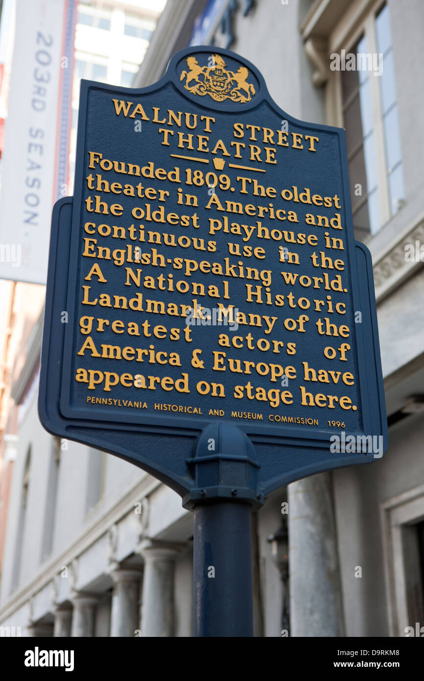 WALNUT STREET THEATRE fondata 1809. Il più antico teatro in America e la più antica playhouse in uso continuo nel mondo di lingua inglese. Una pietra miliare storica nazionale. Molti dei più grandi attori in America e in Europa sono apparsi sul palco. In Pennsylvania Historical and Museum Commission, 1996 Foto Stock