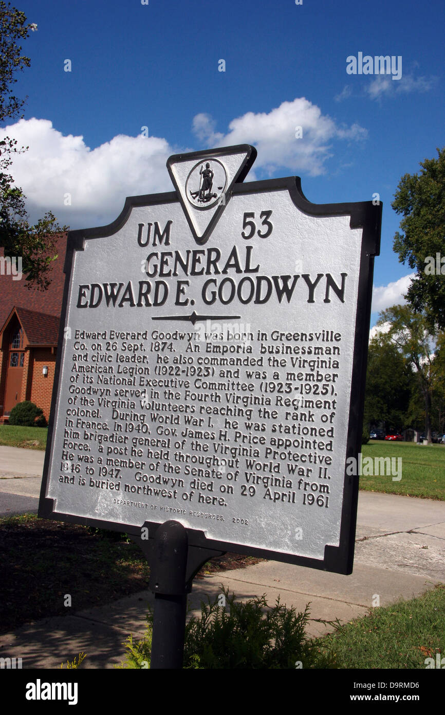 Generale EDWARD E. GOODWYN Edward Everard Goodwyn nacque a Greensville Co. il 26 Sett. 1874. Un imprenditore Emporia e civic Foto Stock