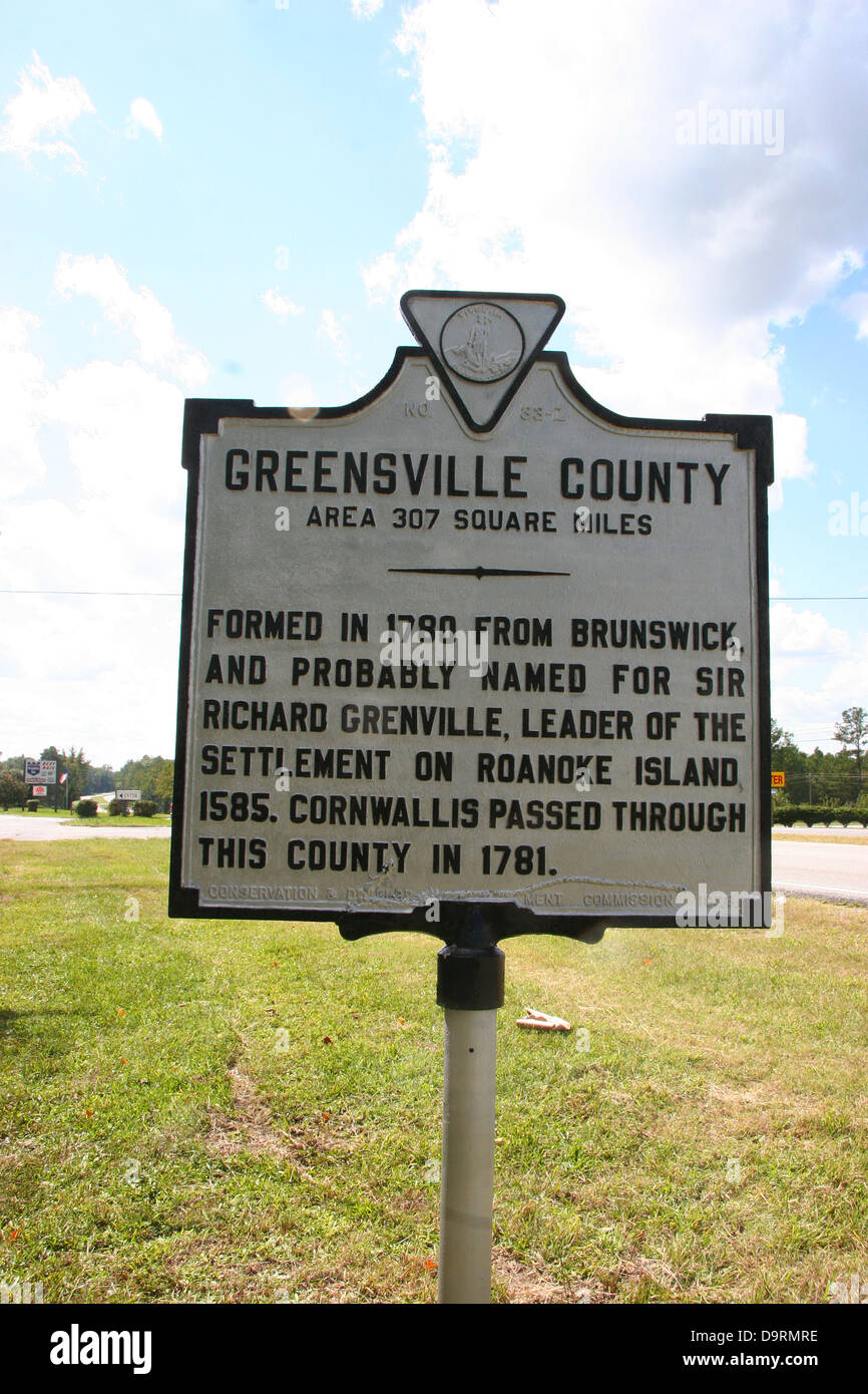 La contea di GREENSVILLE Area 307 miglia quadrate formata nel 1780 da Brunswick, e probabilmente chiamato con il nome di Sir Richard Grenville, leader dell'insediamento sull Isola Roanoke, 1585. Cornwallis passati attraverso questa contea nel 1781. Conservazione e Sviluppo Commissione, 1928 Foto Stock
