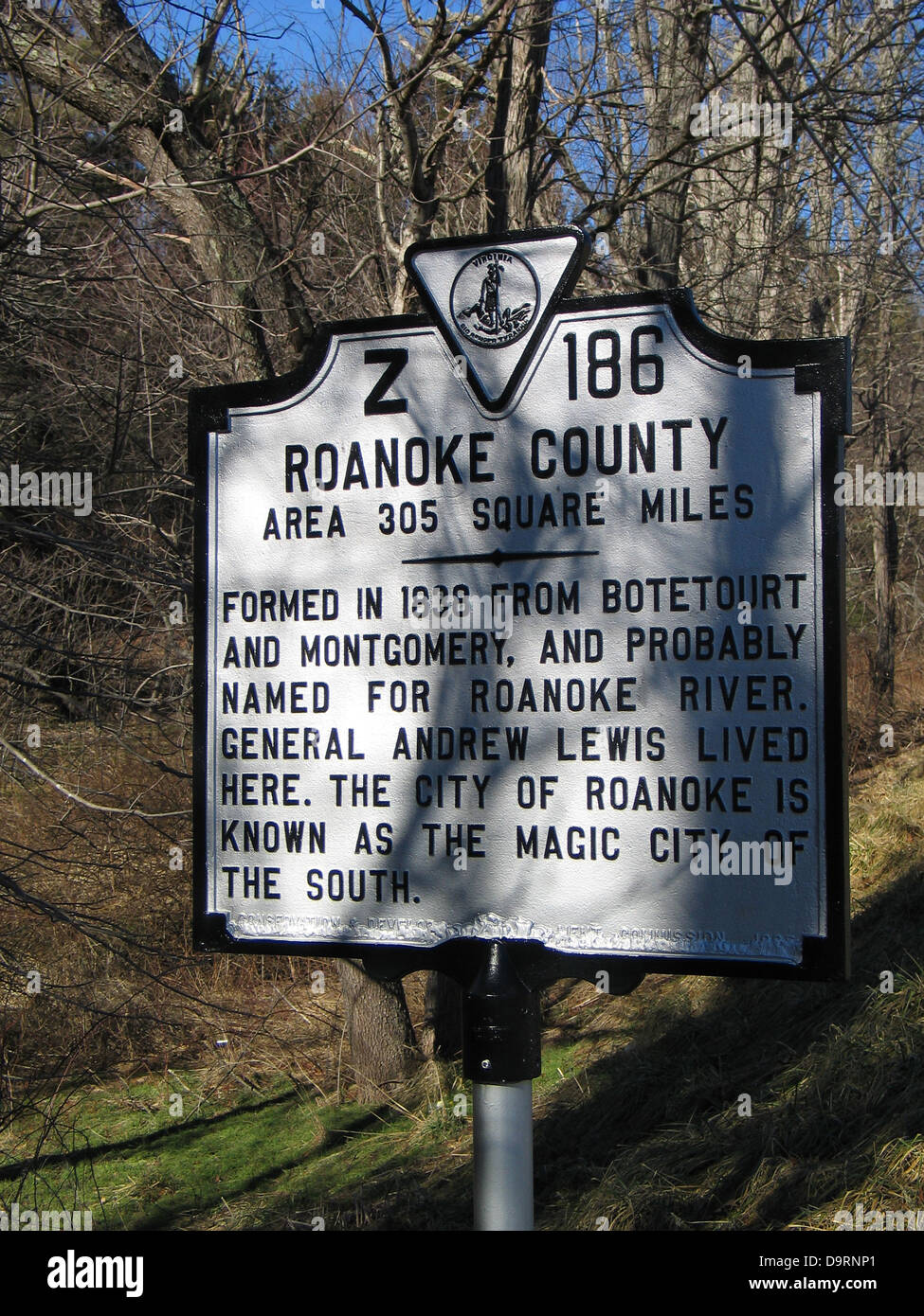 La contea di Roanoke Area 305 miglia quadrate di Roanoke County Z-186 formata nel 1838 da Botetourt e Montgomery, e probabilmente chiamato per Foto Stock