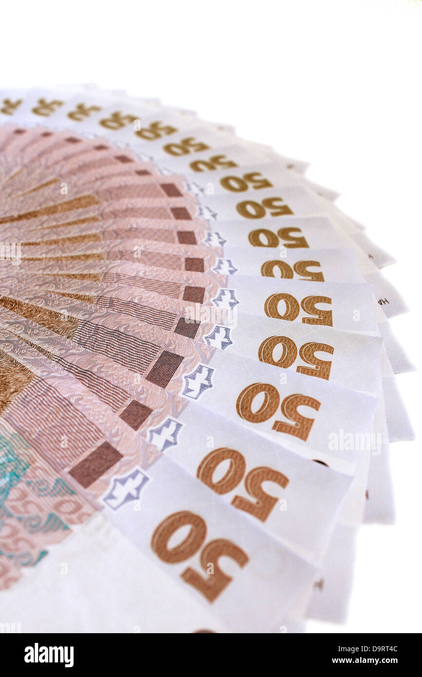 Immagine di sfondo di denaro ucraino del valore di 50 grivnas Foto Stock