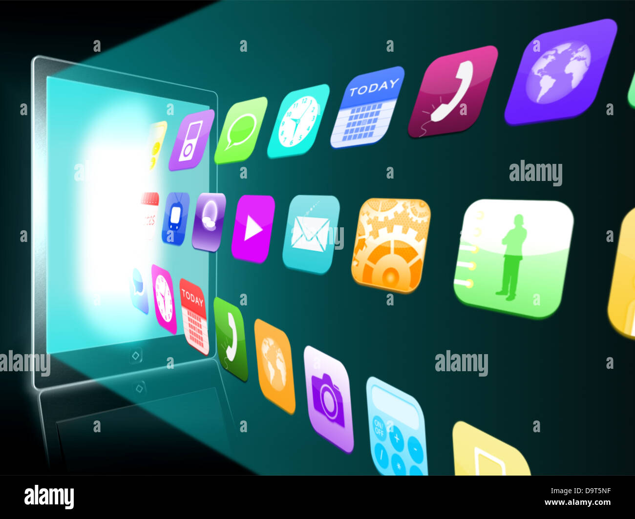 Applicazioni olografiche uscente da un tablet pc Foto Stock