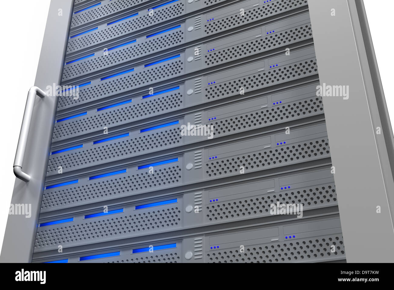 Fila di un server tower con luci blu Foto Stock