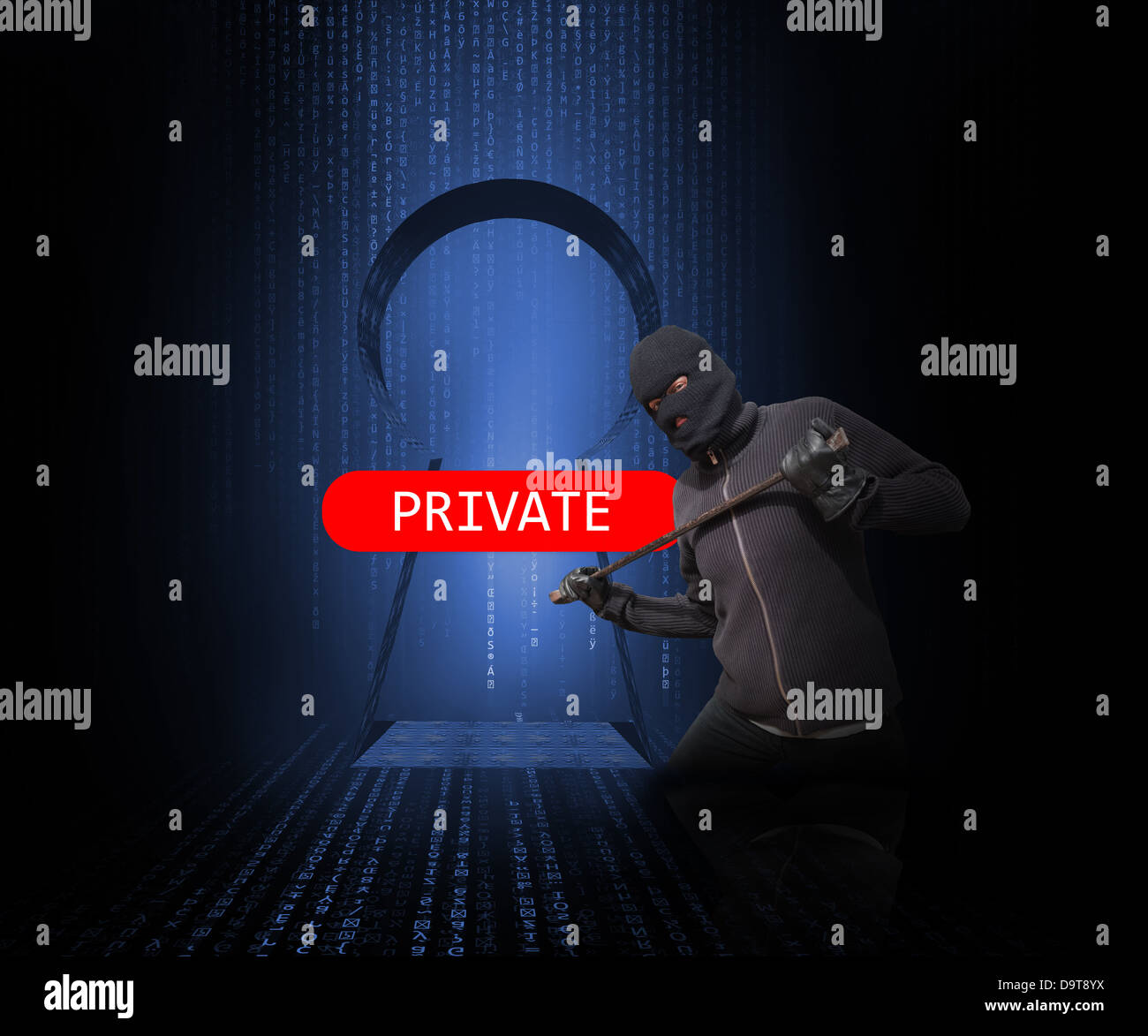 Porta bloccata da rosso segno privato con ladro Foto Stock