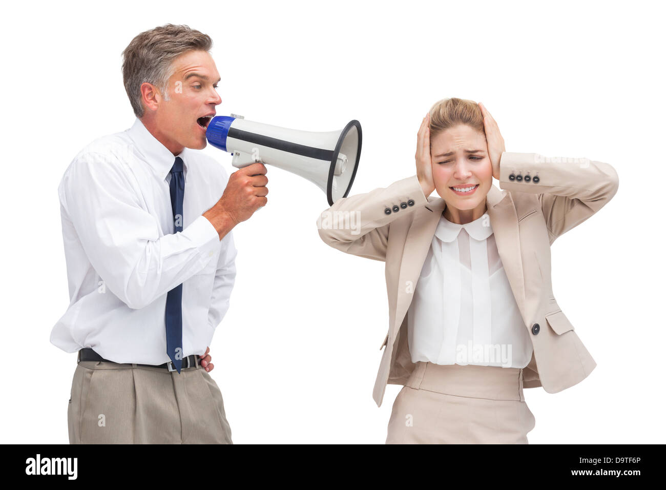 Imprenditore a urlare contro il suo collega con megafono Foto Stock
