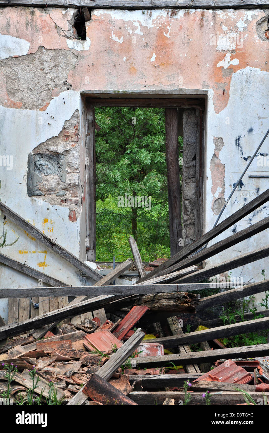 Crollo del tetto parete scheggiata e porta aperta con vista alla natura scena. Casa abbandonata interni. Foto Stock