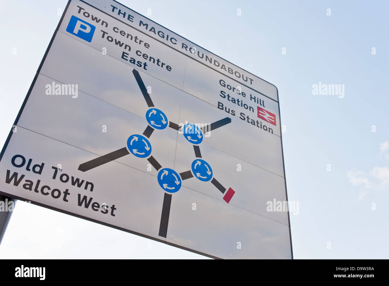 Cartello stradale che mostra le cinque mini rotatorie al famigerato rotatoria magica a Swindon. Foto Stock