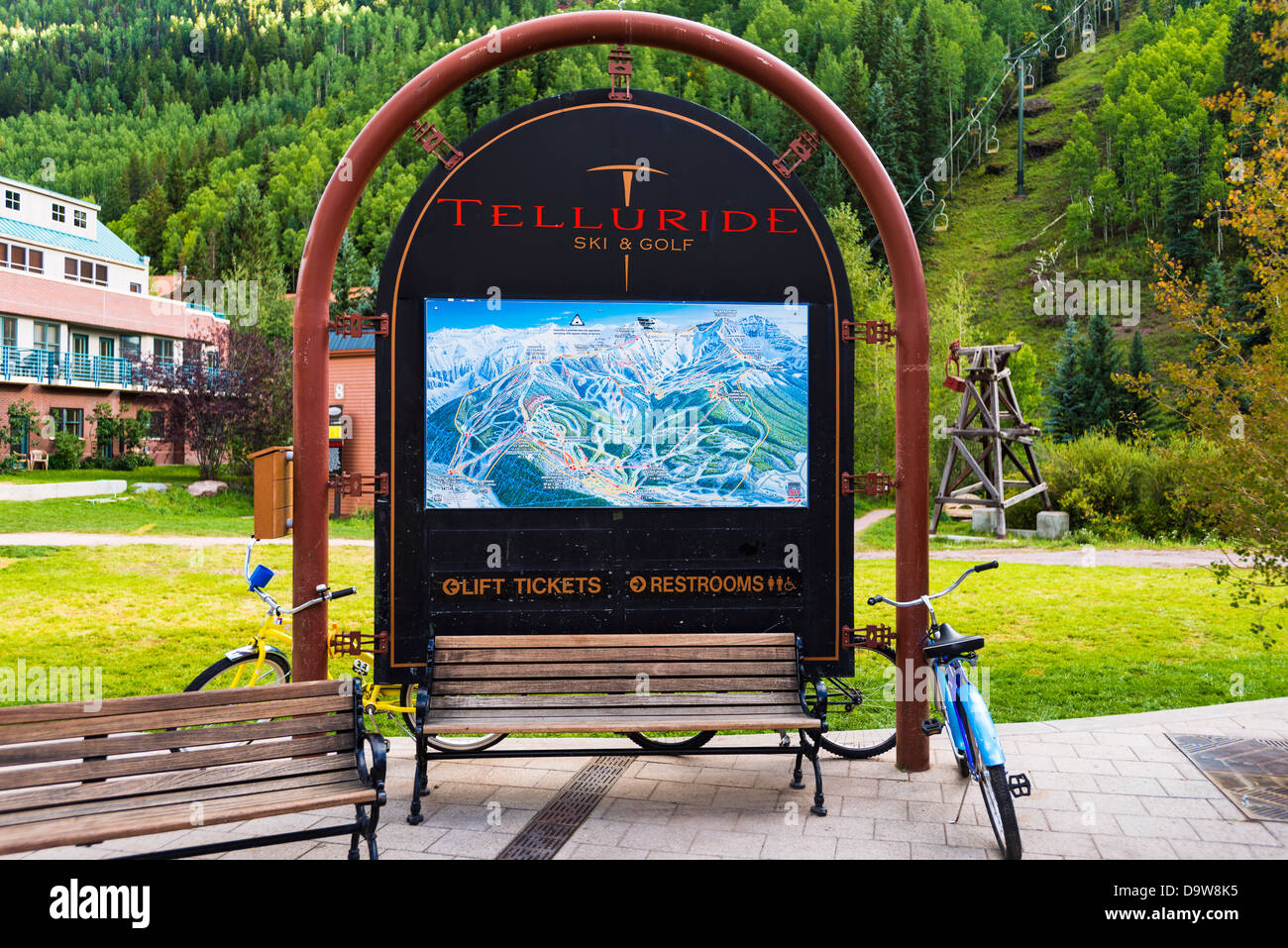 Ski resort mappa del percorso e la seggiovia di tellururo, Colorado, STATI UNITI D'AMERICA Foto Stock