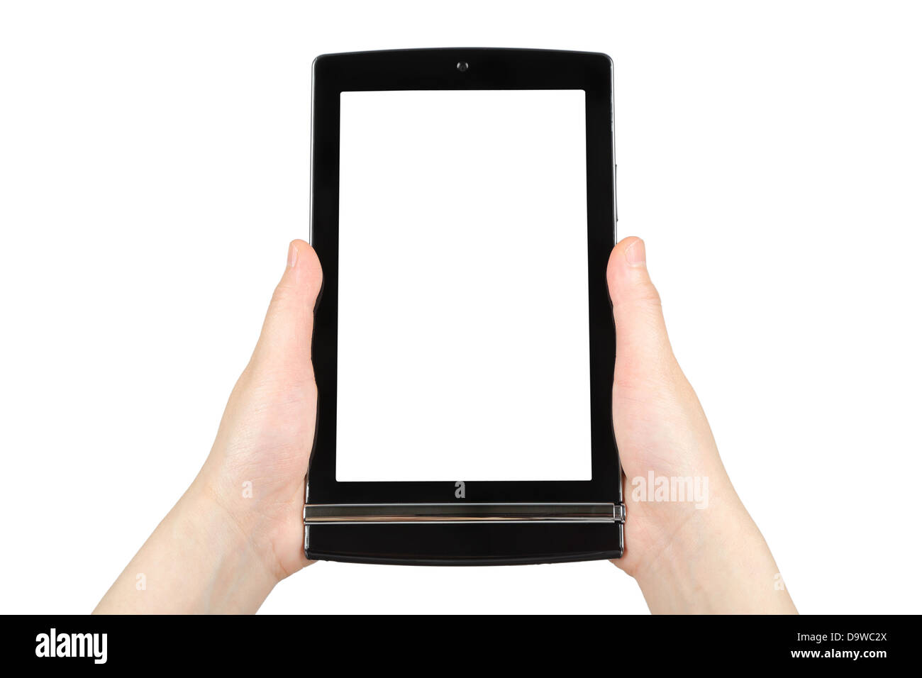 Mani tenendo premuto il touch screen tablet PC Foto Stock