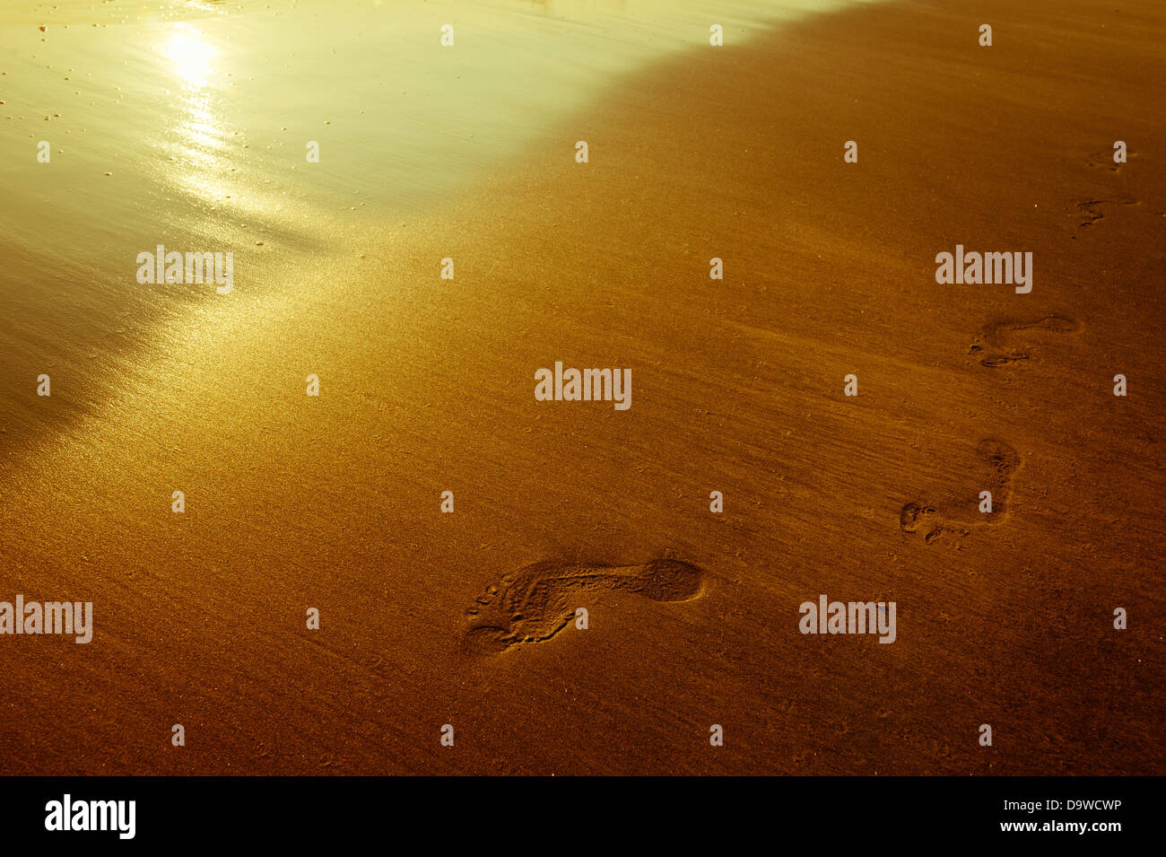 Impronta in sabbia. Bel tramonto al Tropical Ocean Beach in stile vintage Foto Stock