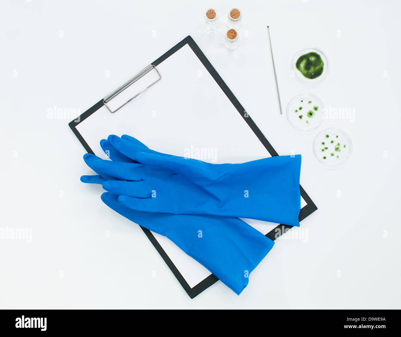 Blu guanti di laboratorio sulla parte superiore di un fustellato clip-board accanto a tre bottiglie di piccole dimensioni con un liquido trasparente e tre piastre di Petri contai Foto Stock