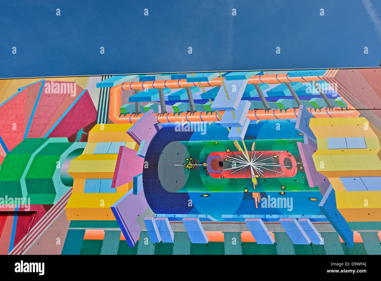 La Svizzera Ginevra murale sulla costruzione edificio ATLAS home Large Hadron Collider LHC e rivelatore di particelle in sala di controllo CERN Foto Stock
