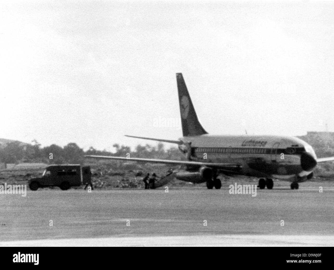 Il velivolo Lufthansa "Landshut', che è dirottato da 4 terroristi il 13 di ottobre nel 1977 sulla via del ritorno da Mallorca a Francoforte sul Meno, sulla pista. Cinque membri del personale e 82 passeggeri sono sotto i terroristi" controllo. Essi chiedono il rilascio di undici membri della Red Army Faction (RAF), nonché due detenuti palestinesi in Turchia. Foto Stock
