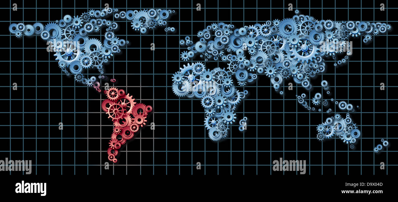 Latin America economia concetto aziendale con una mappa del mondo fatto di ingranaggi e ruote dentate evidenziata in rosso come un'idea della crescita economica Foto Stock