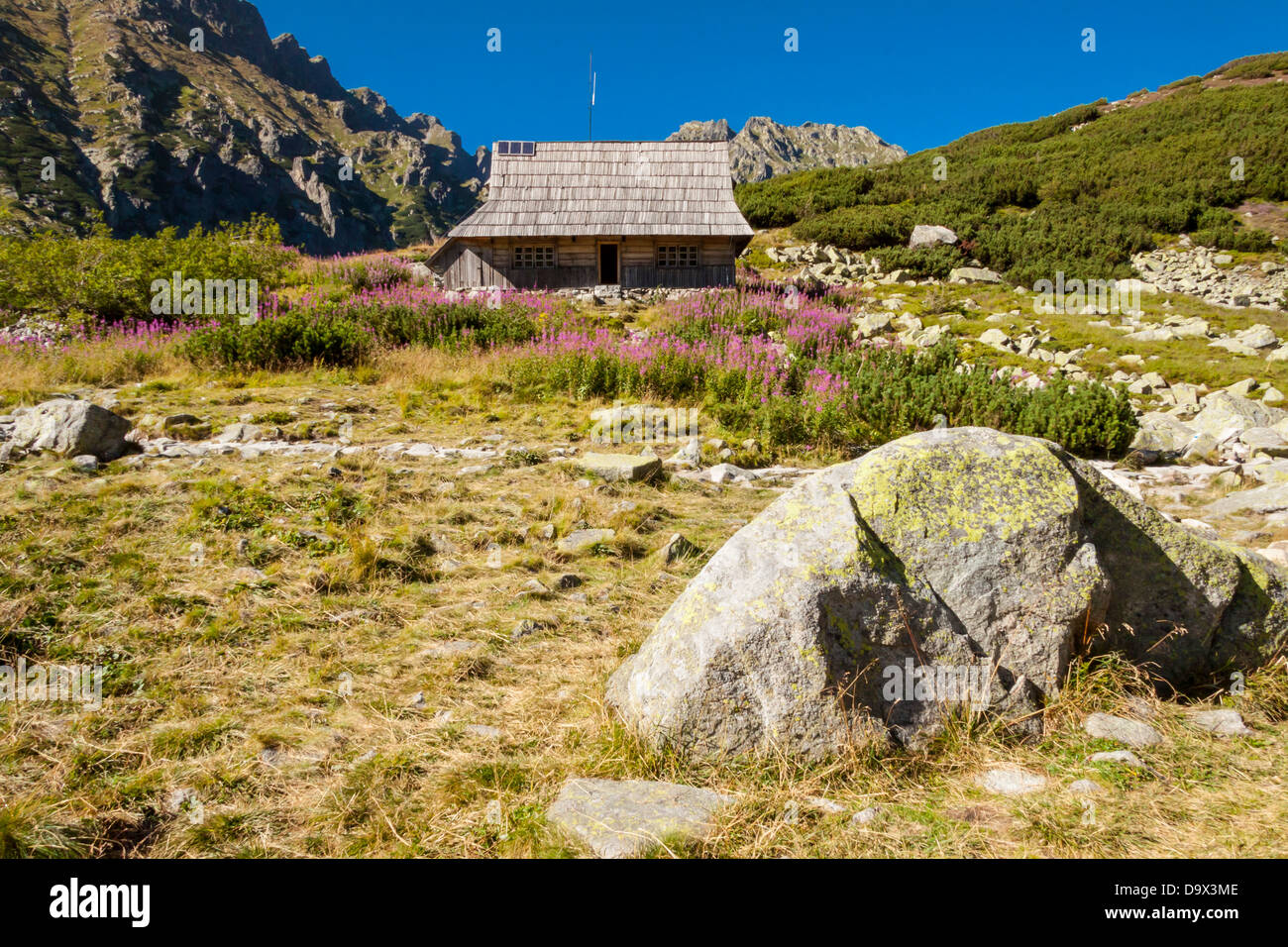 Piccola cabina in legno in cinque laghi valley - polacco monti Tatra. Foto Stock