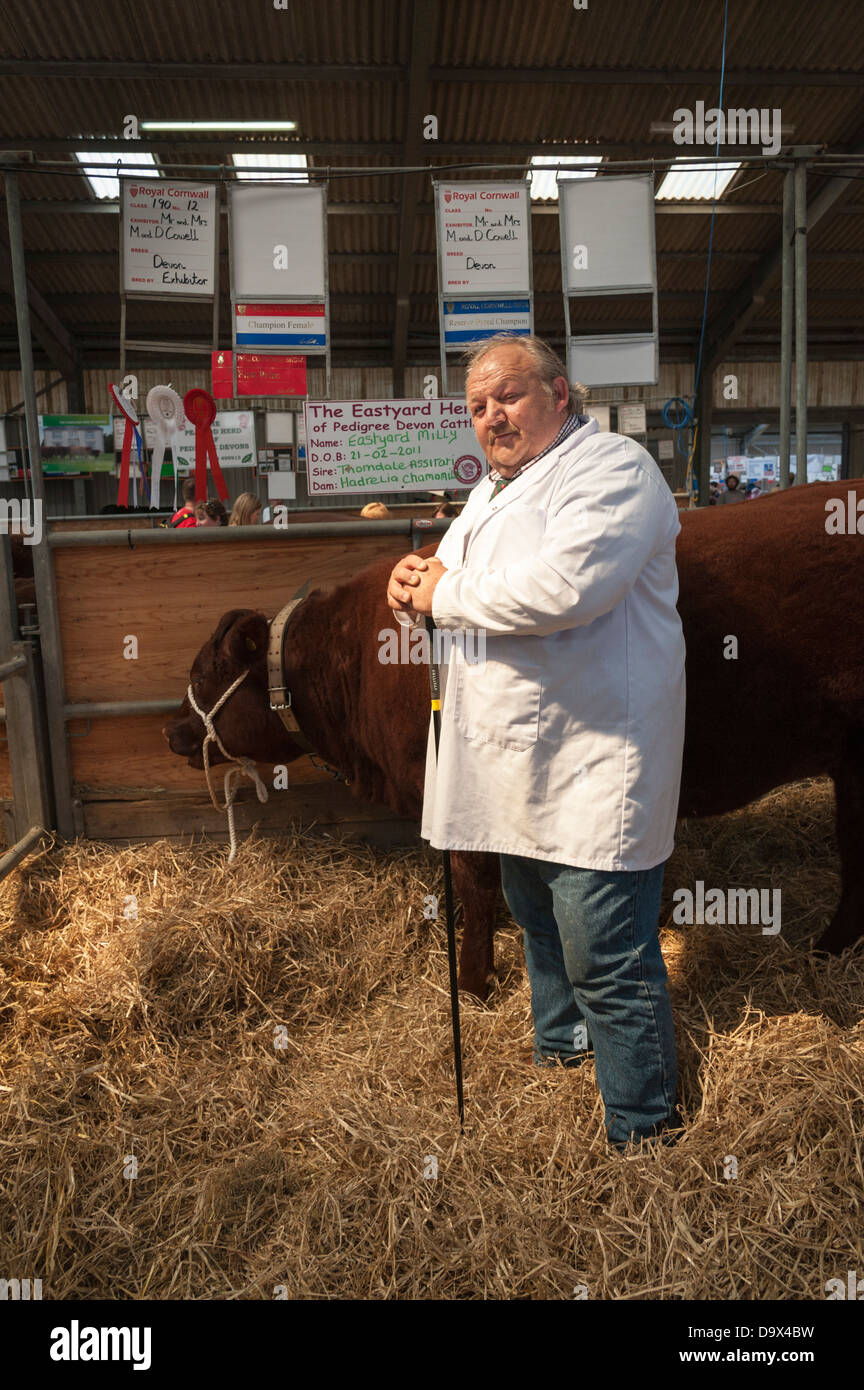 Un agricoltore orgogliosamente in piedi con la sua vincita rosso rubino Devon mucca il Royal Cornwall Show 2013 Foto Stock