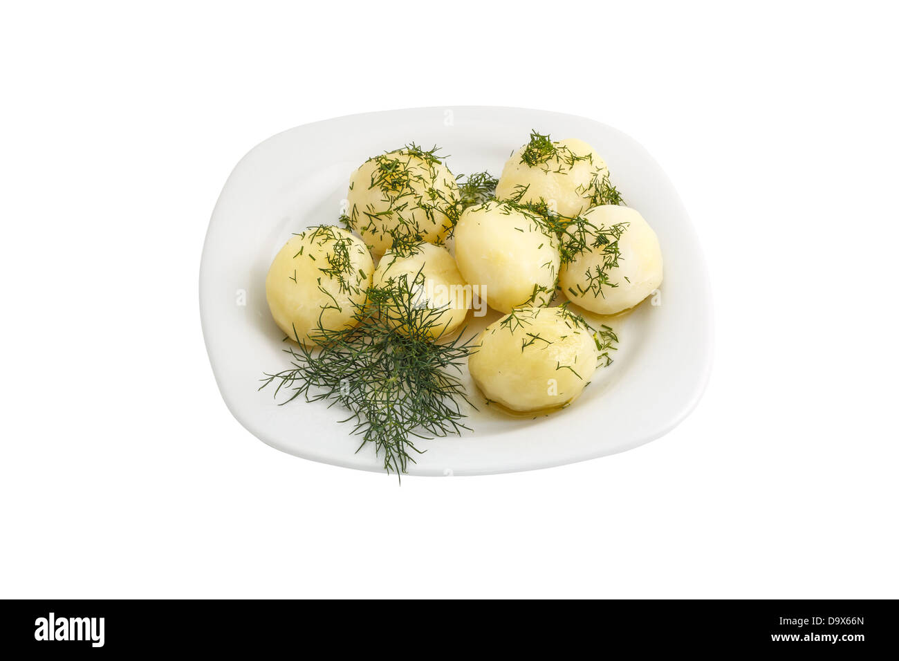Patate bollite con aneto su uno sfondo bianco. isolato Foto Stock