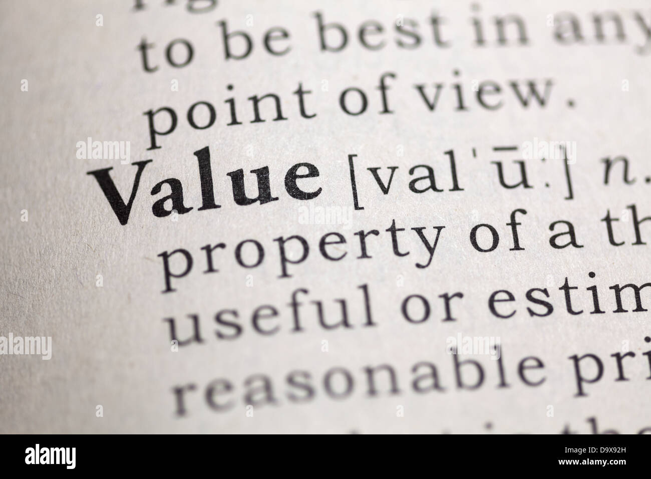 Definizione del dizionario della parola valore. Foto Stock