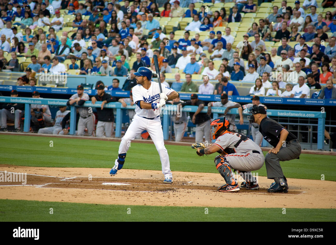 Andre Ethier a bat a Los Angeles Dodgers Baseball gioco in Dodger Stadium Foto Stock
